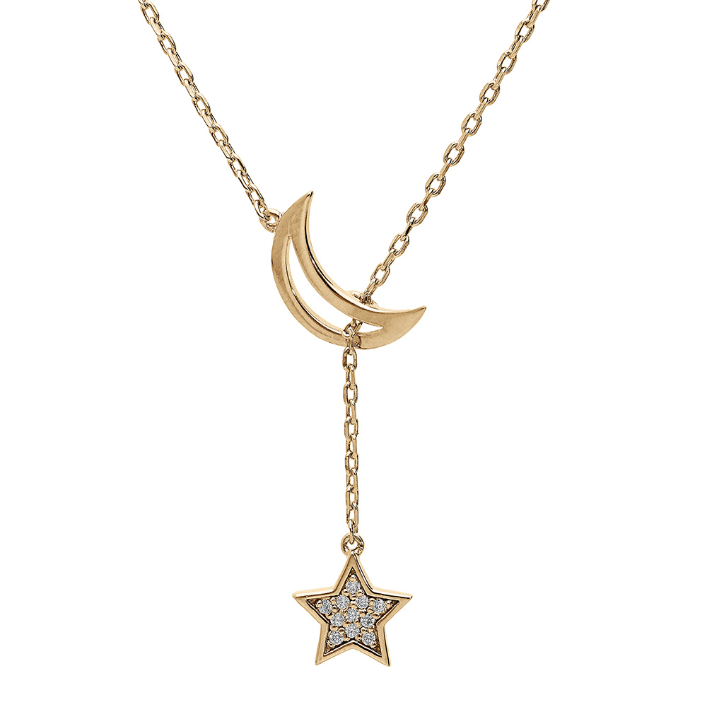 Collier en vermeil lune �vid�e et pampille etoile d\'oxydes blancs sertis - 41+3cm - Vue 2