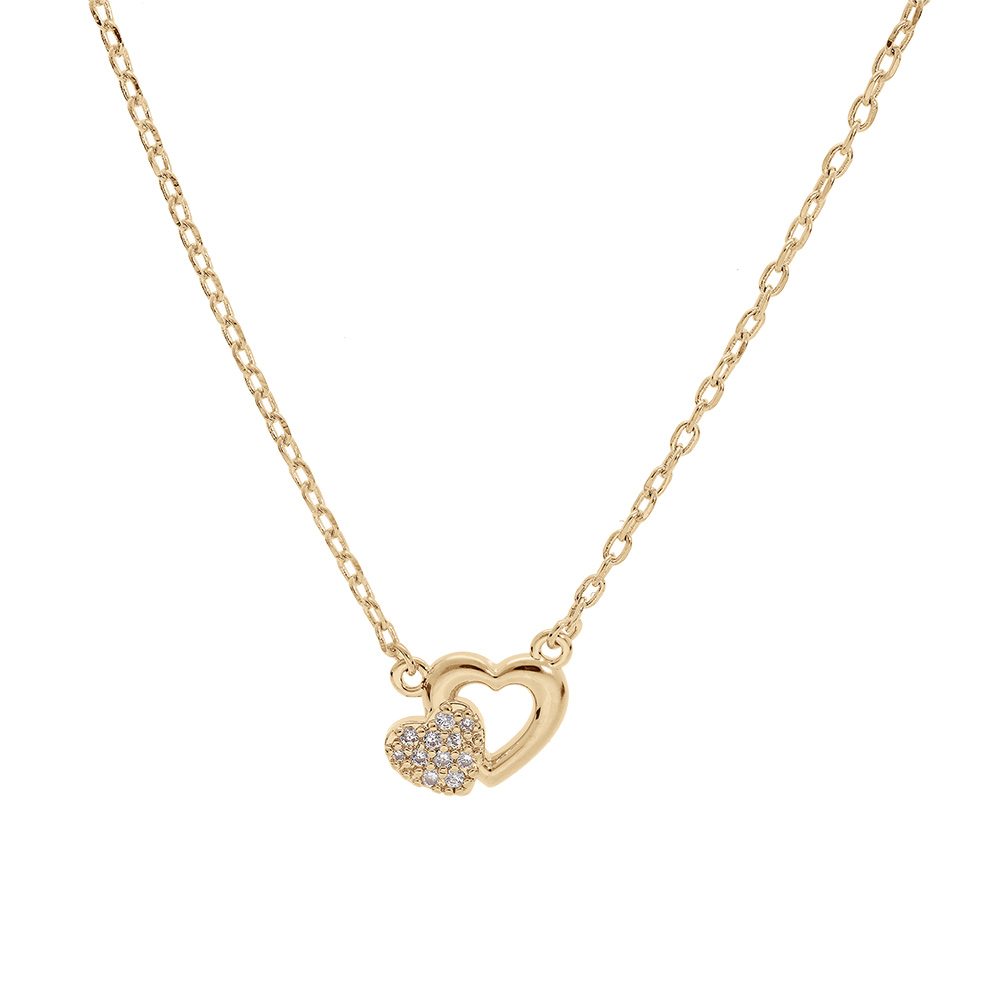 Collier en vermeil double coeursdont un ajour� et l\'autre avec oxydes blancs sertis - 40+5cm - Vue 2