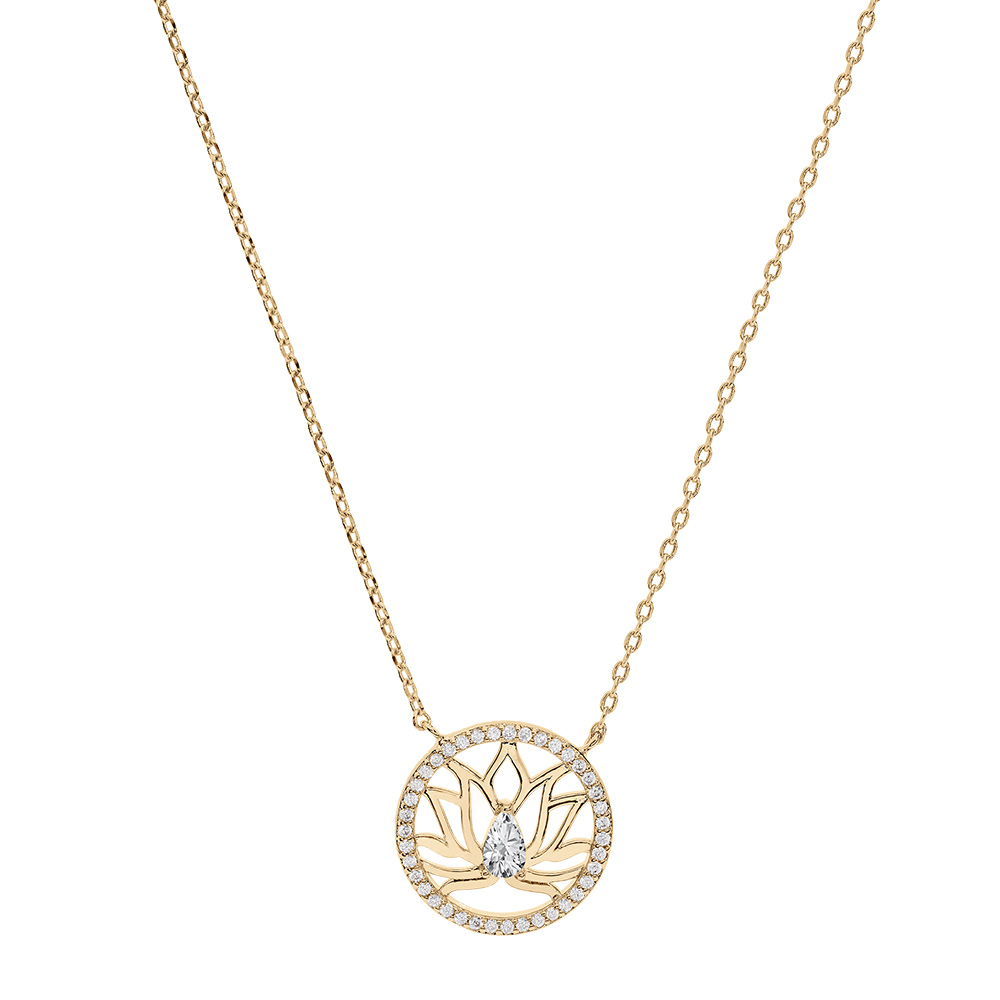 Collier en vermeil fleur de lotus dans cercle d\'oxydes blancs sertis - 39+4cm - Vue 2