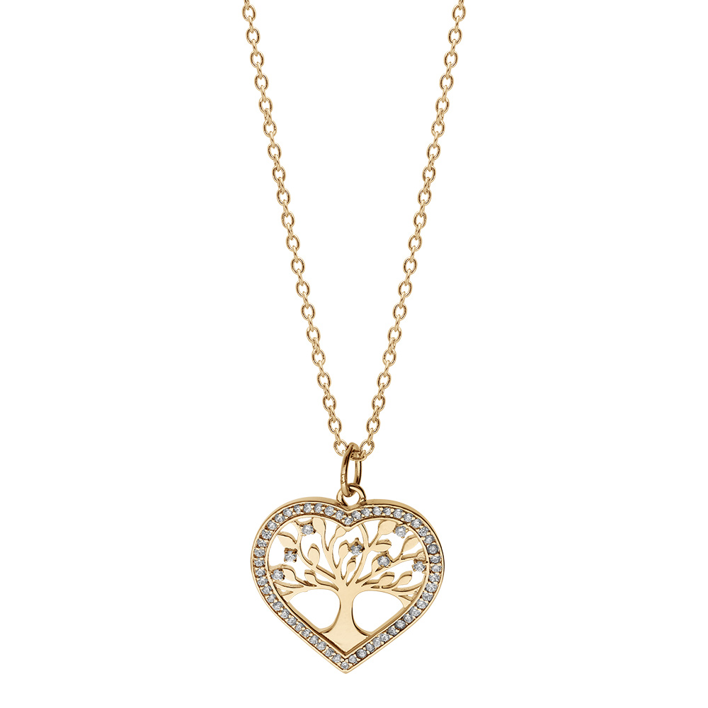 Collier en vermeil pendentif coeur avec arbre de vie contour d\'oxydes blancs sertis - 42+3cm - Vue 2