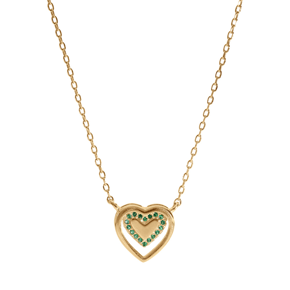 Collier en vermeil pendentif coeur avec oxydes verts - 40+4cm - Vue 2