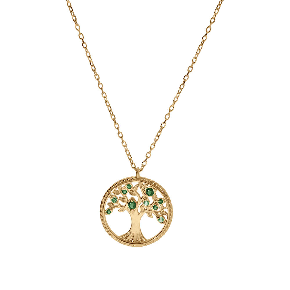 Collier en vermeil pendentif arbre de vie avec oxydes verts et contour perl� du cercle - 42+3cm - Vue 2