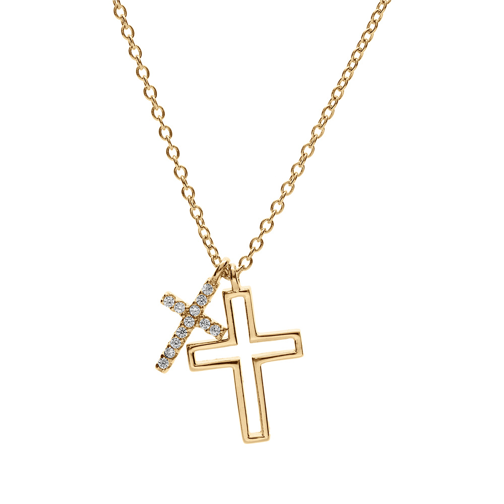 Collier en vermeil double croix une lisse et l\'autre avec pavage d\'oxydes blancs - 42+3cm - Vue 2