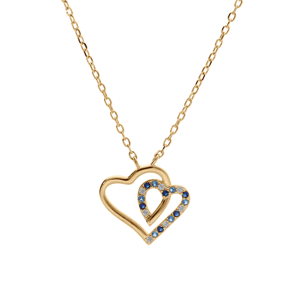 Collier en vermeil pendentif double coeur contour oxydes bleus et blancs - 42+3cm - Vue 2