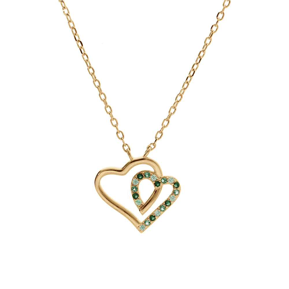 Collier en vermeil pendentif double coeur contour oxydes verts et blancs - 42+3cm - Vue 2