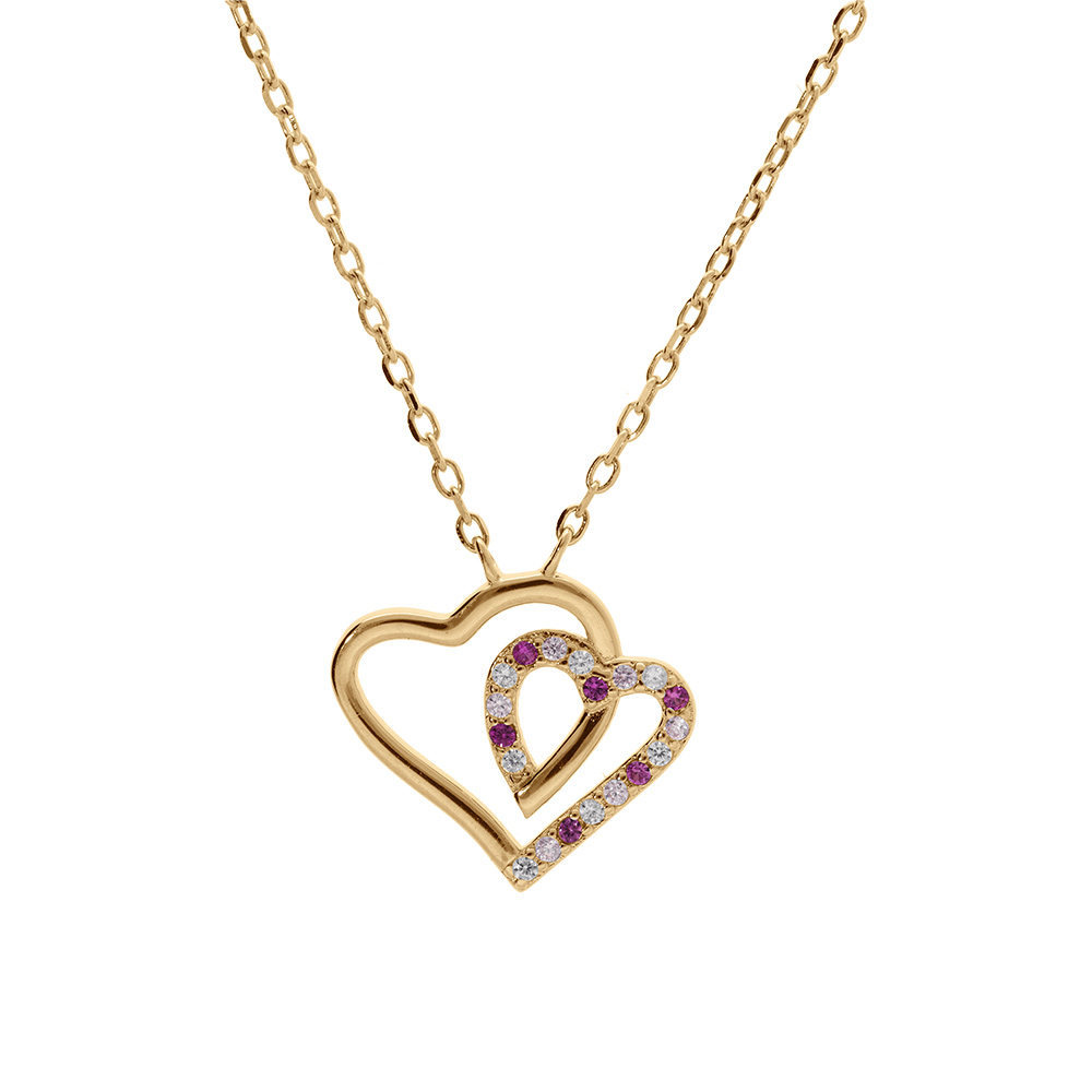 Collier en vermeil pendentif double coeur contour oxydes blancs et roses - 42+3cm - Vue 2