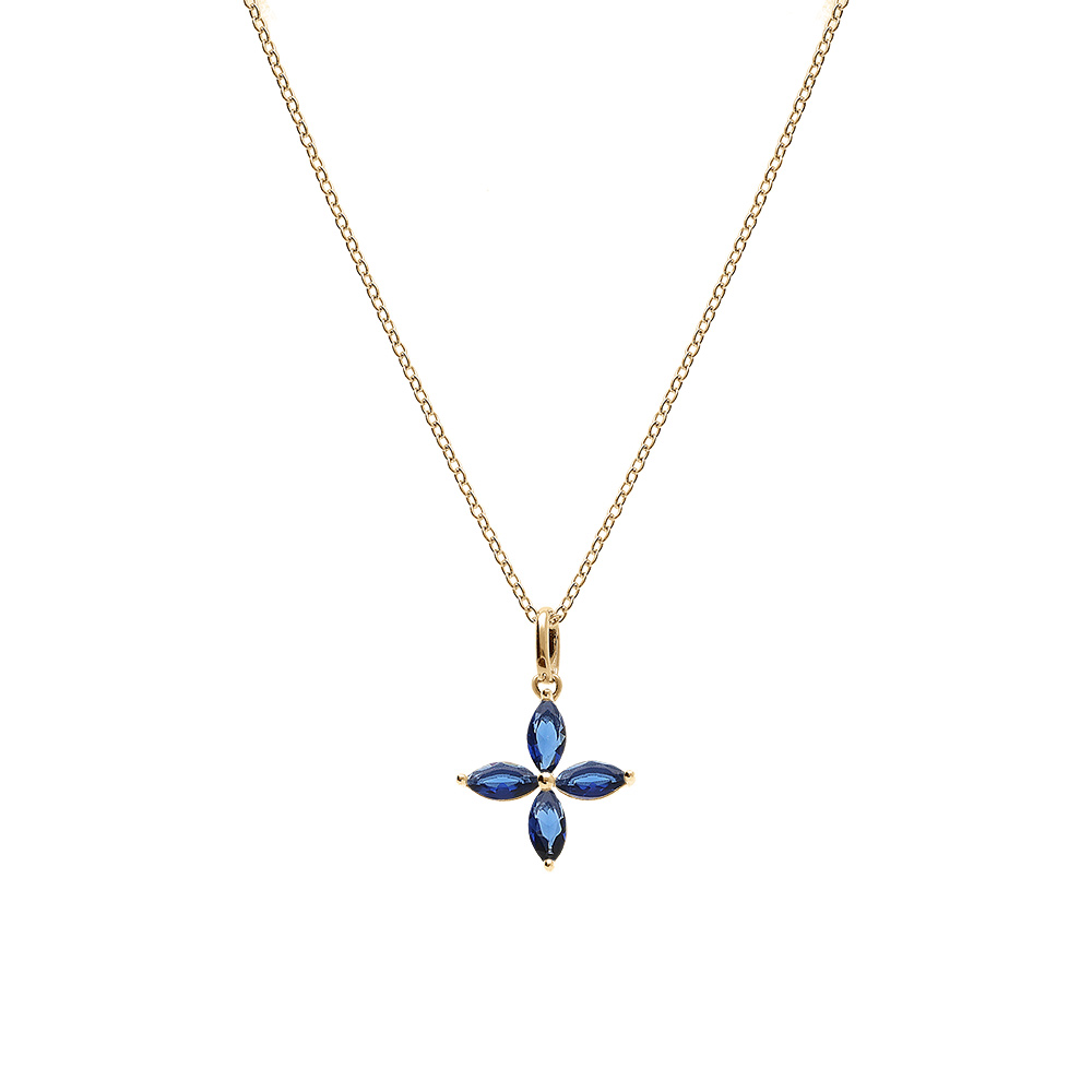 Collier en vermeil pendentif fleur en verre bleu fonc� - 40+4cm - Vue 2
