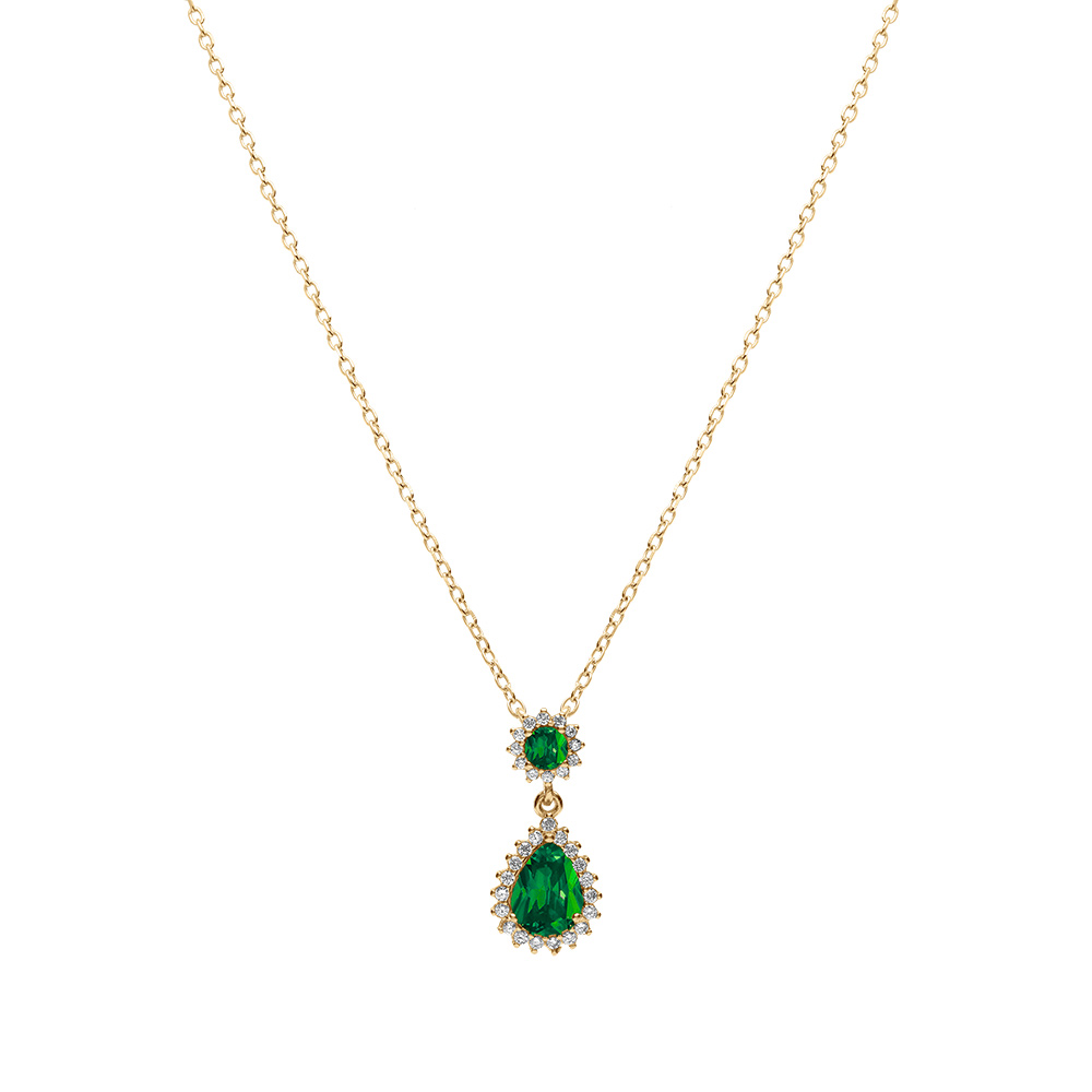 Collier en vermeil pendentif goutte d\'oxydes vert et contour d\'oxydes blancs sertis - 42+3cm - Vue 2