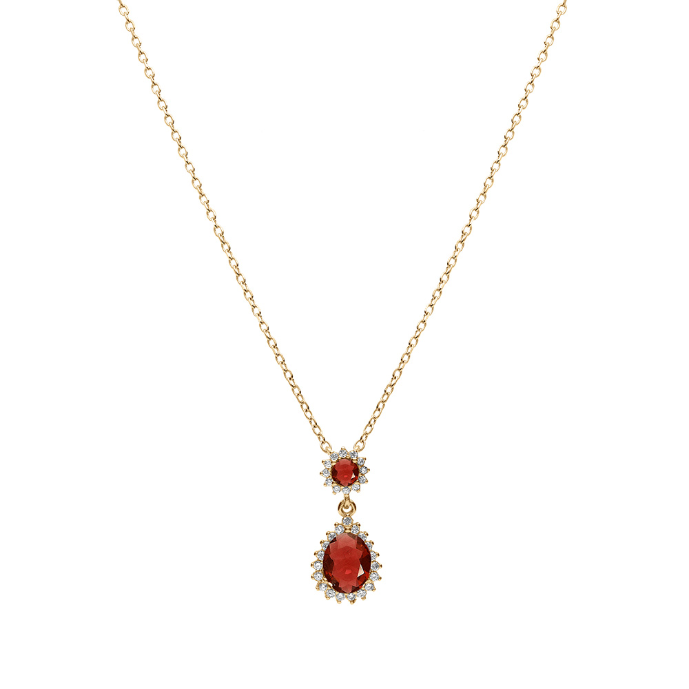 Collier en vermeil pendentif goutte oxyde rouge et contour d\'oxydes blancs sertis - 42+3cm - Vue 2