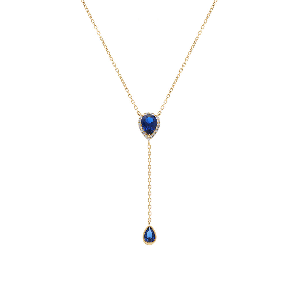 Collier en vermeil forme cravate avec  goutte et motif sup�rieur d\'oxyde bleu fonc� et halo d\'oxydes blancs - 39+5cm - Vue 2
