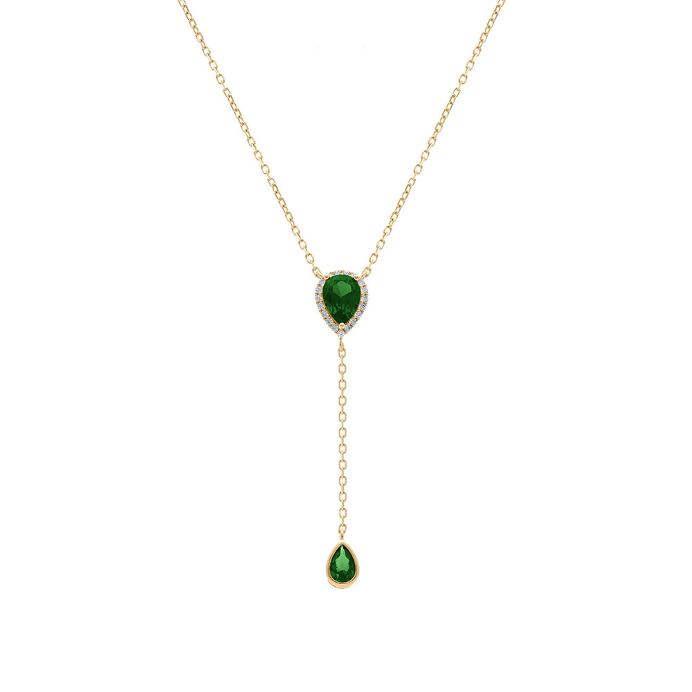 Collier en vermeil forme cravate avec goutte et motif sup�rieur d\'oxyde vert et halo d\'oxydes blancs - 39+5cm - Vue 2