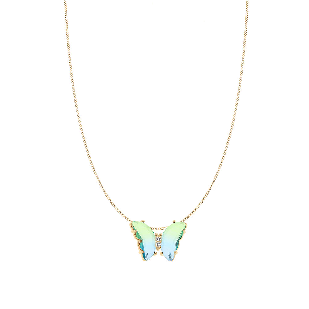 Collier en vermeil papillon 20x15mm verre d�grad� bleu vert et orn� d\'oxydes blancs sertis - 42+3cm - Vue 2