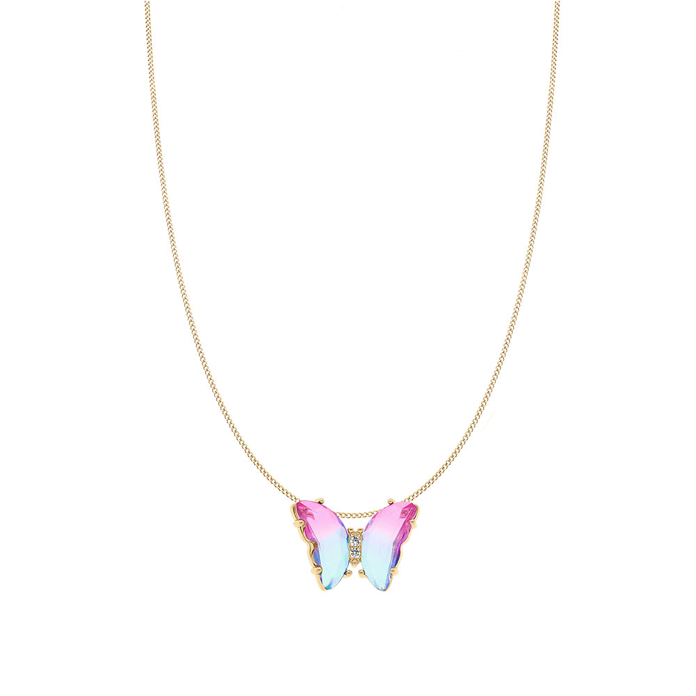 Collier en vermeil papillon 20x15mm verre d�grad� rose et orn� d\'oxydes blancs sertis - 42+3cm - Vue 2