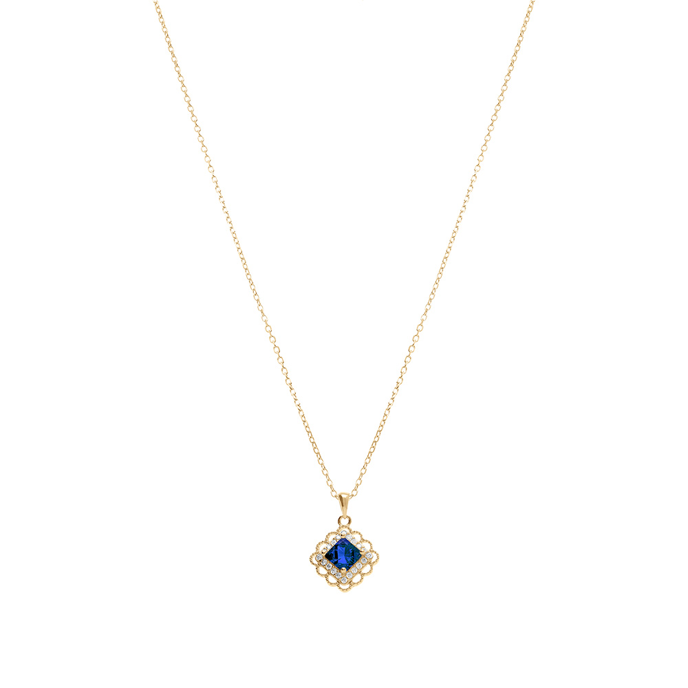 Collier en vermeil pendentif carr� oxyde bleu serti et contour d\'oxydes blancs sertis - 39+4cm - Vue 2