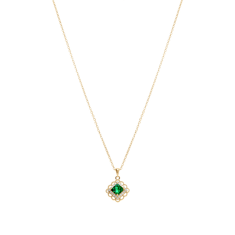 Collier en vermeil pendentif carr� oxyde vert et contour d\'oxydes blancs sertis - 39+4cm - Vue 2