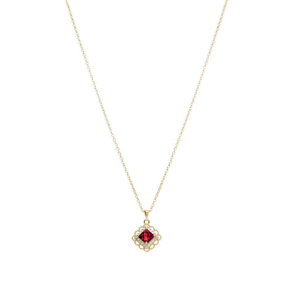 Collier en vermeil pendentif carr� oxyde rouge et contour d\'oxydes blancs sertis - 39+4cm - Vue 2