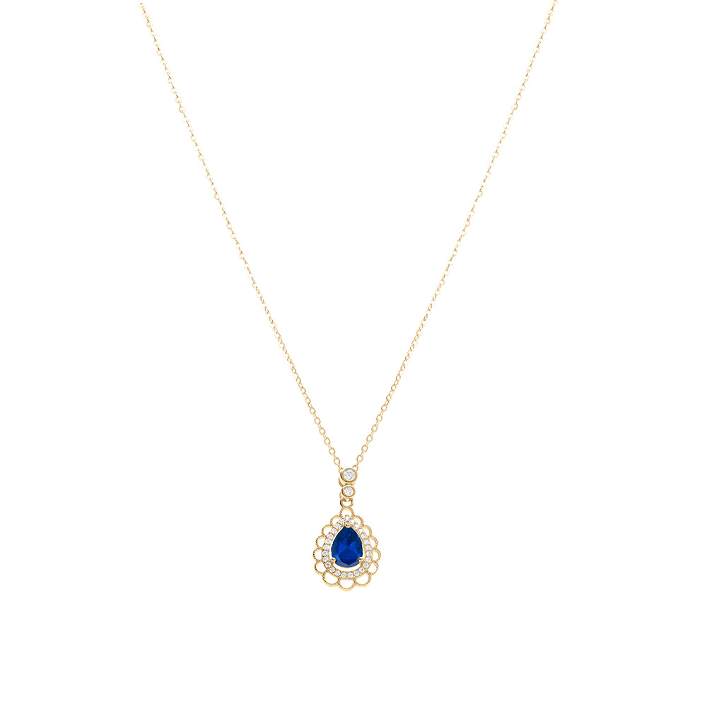 Collier en vermeil goutte oxyde bleu et contour oxydes blancs sertis et dentell� -40+4cm - Vue 2