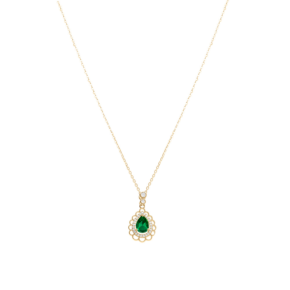 Collier en vermeil goutte oxyde vert et contour oxydes blancs sertis et dentell� - 40+4cm - Vue 2