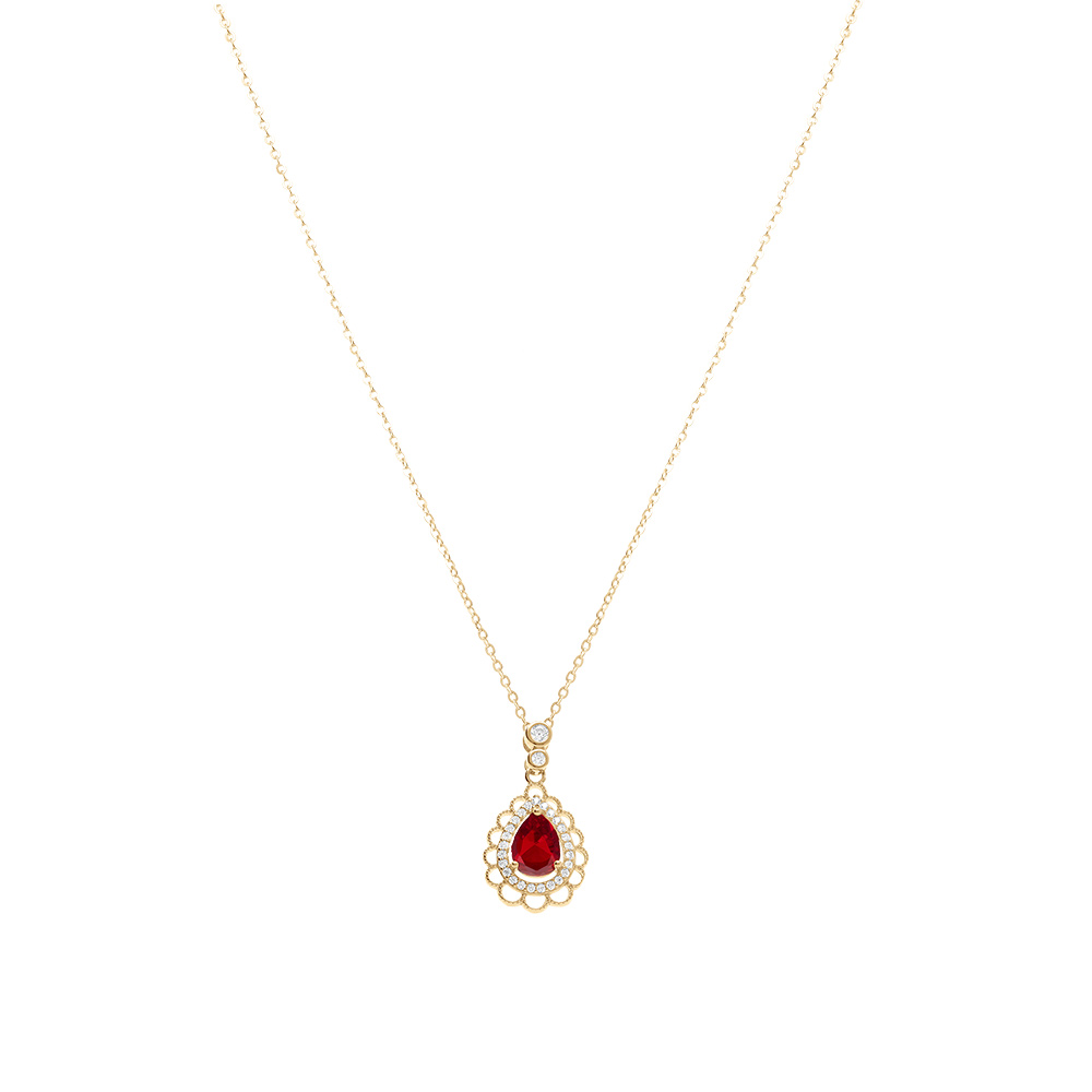 Collier en vermeil goutte oxyde rouge et contour oxydes blancs sertis et dentell� - 40+4cm - Vue 2