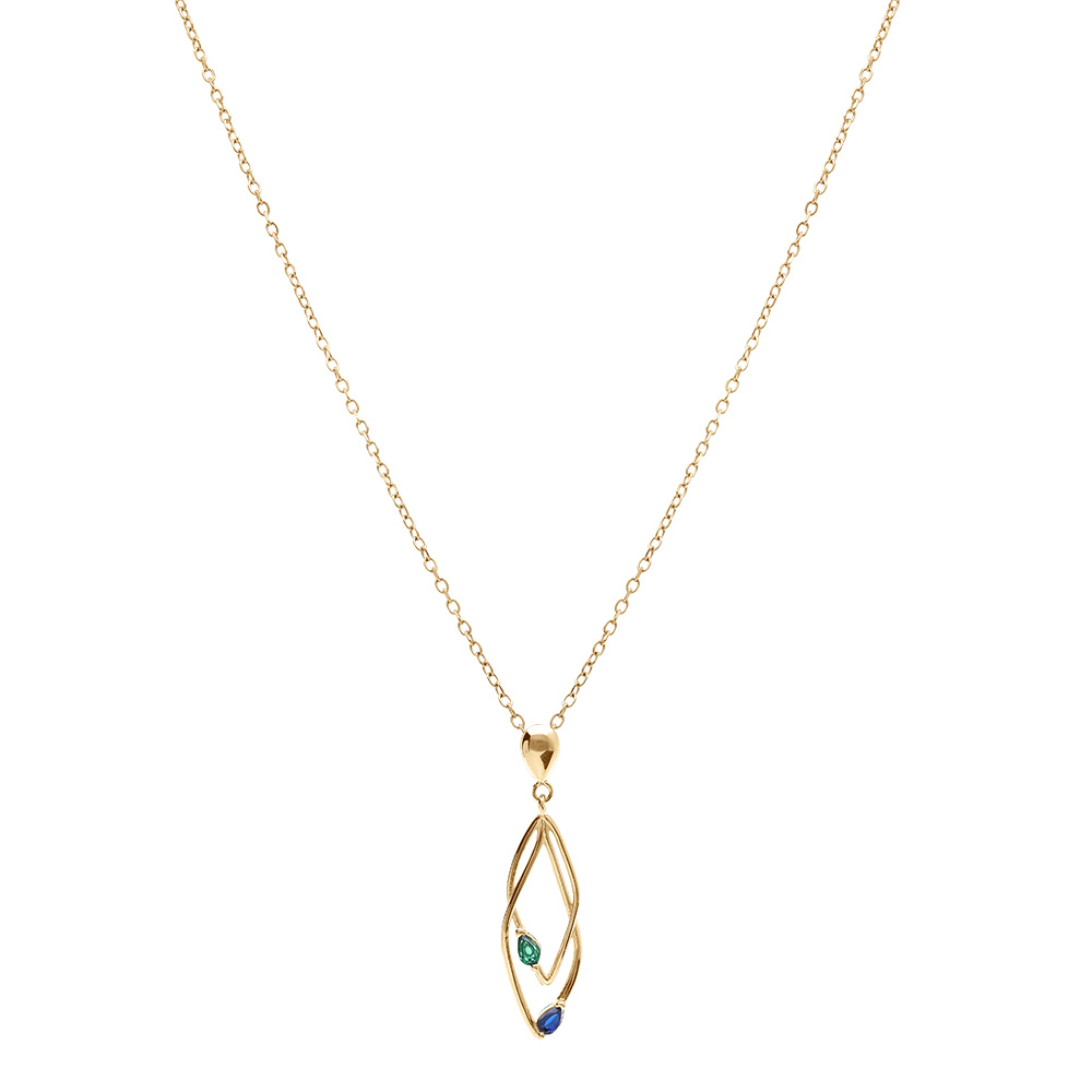 Collier en vermeil deux losanges entrelac�s avec oxydes bleu et vert sertis - 39+4cm - Vue 2