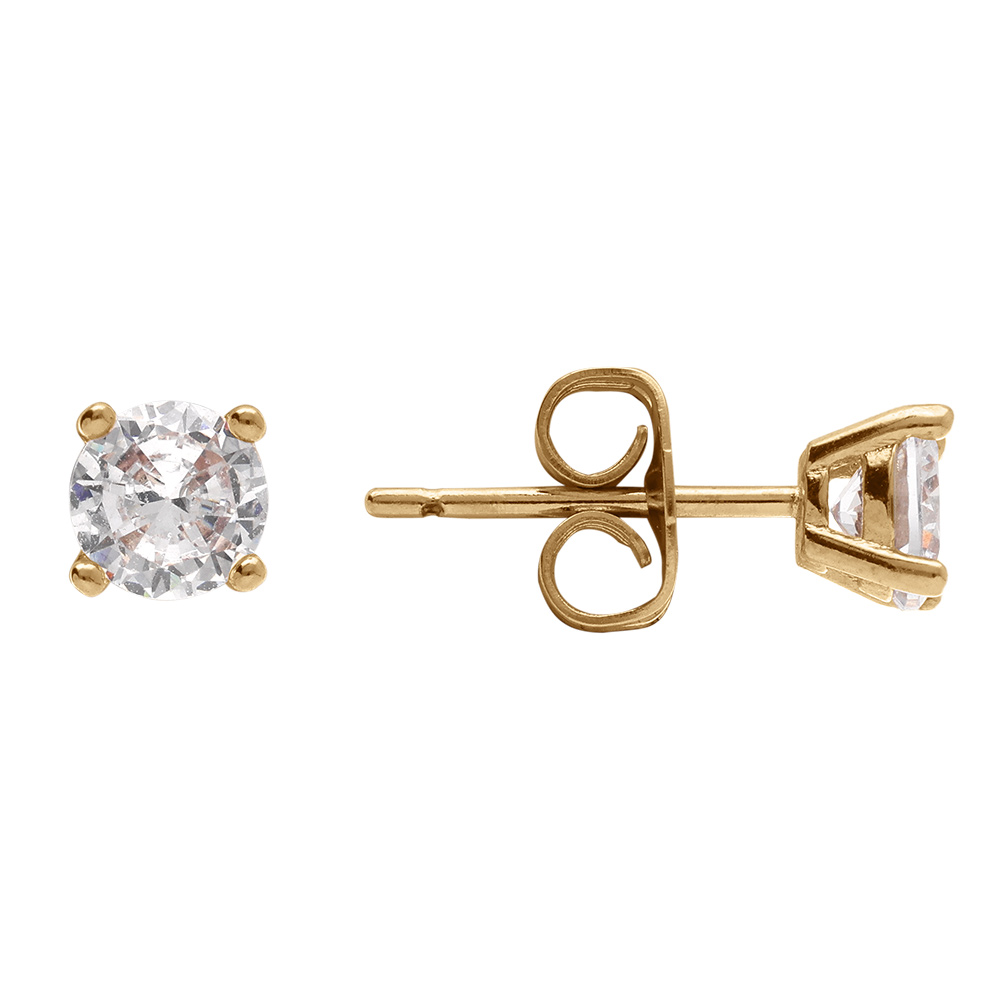 Boucles d\'oreille tige solitaire en plaqu� or oxyde blanc serti 4 griffes 5mm - Vue 2
