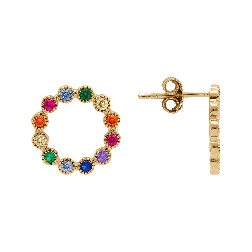 Boucles d\'oreille tige en plaqu or cercle oxydes multi couleurs - Vue 2