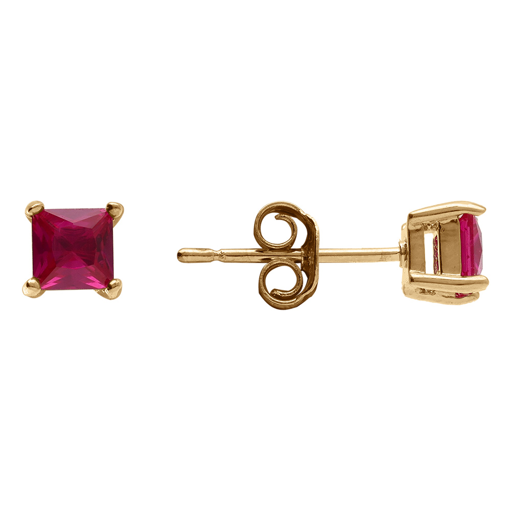 Boucles d\'oreilles en plaqu� or solitaire oxyde carr� rouge serti 4 griffes et fermoir poussette - Vue 2