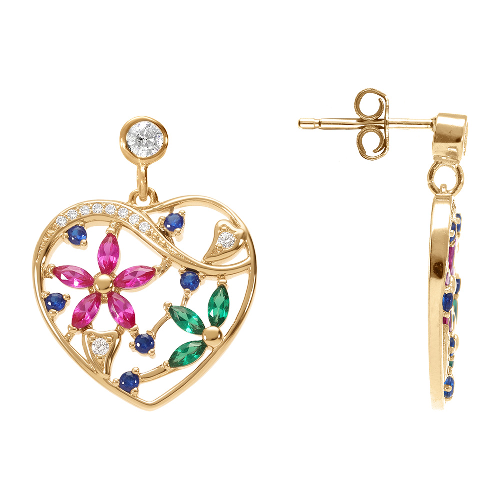 Boucles d\'oreille tige en plaqu� or coeur avec fleurs d\'oxydes multi couleurs - Vue 2