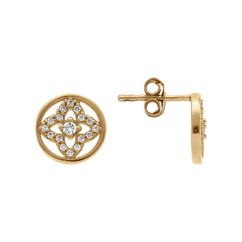 Boucles d\'oreille tige en plaqu� or forme cercle avec fleur d\'oxydes blancs - Vue 2