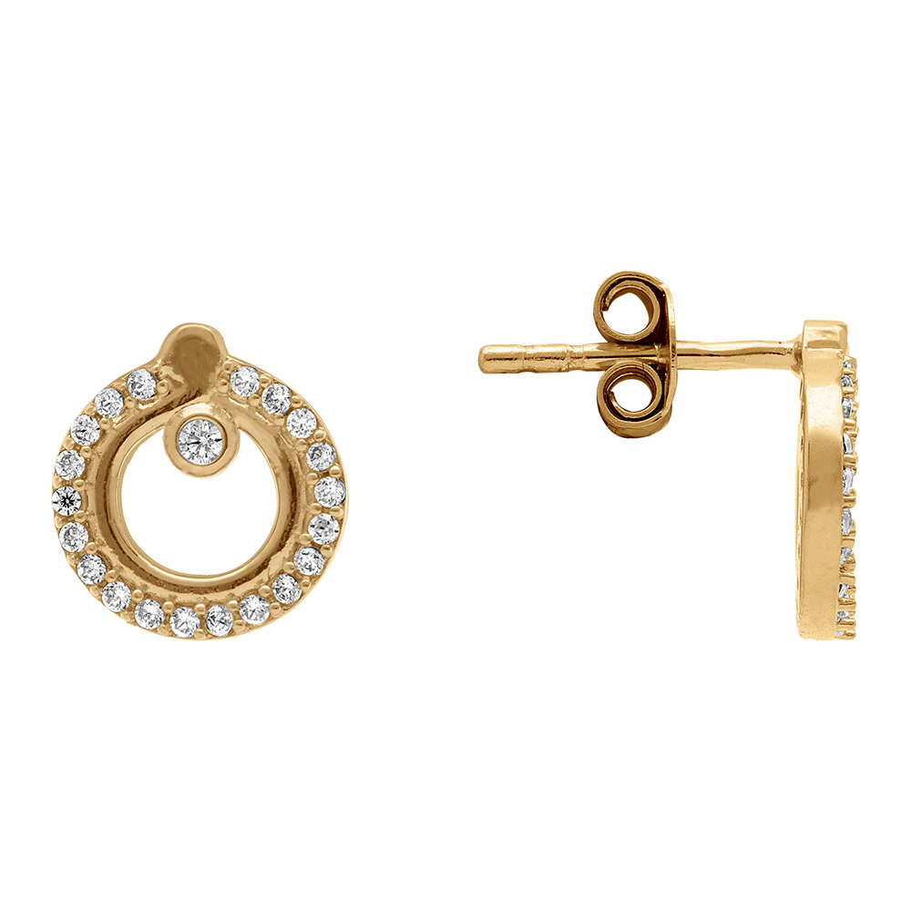 Boucles d\'oreille tige en plaqu� or forme cercle �cid� contour d\'oxydes blancs - Vue 2