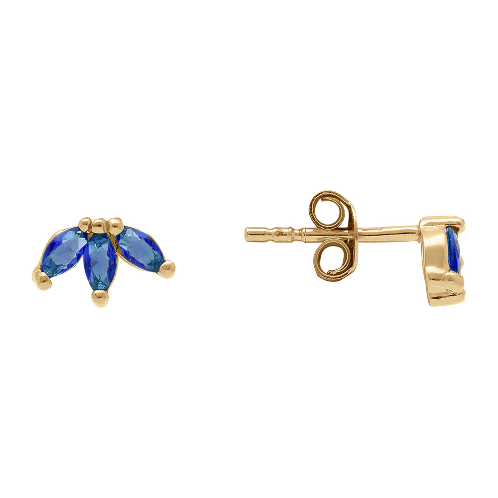 Boucles d\'oreille tige en plaqu� or trois navettes en oxydes bleus - Vue 2