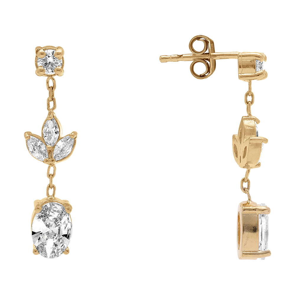 Boucles d\'oreille pendante tige en plaqu� or motif feuilles avec  oxydes blancs - Vue 2
