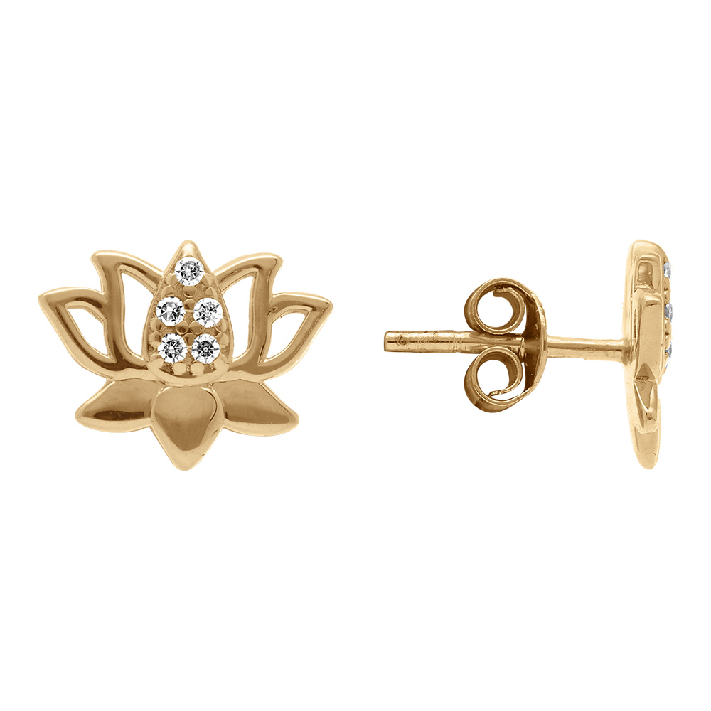 Boucles d\'oreille tige en plaqu� or fleur de lotus et oxydes blancs - Vue 2