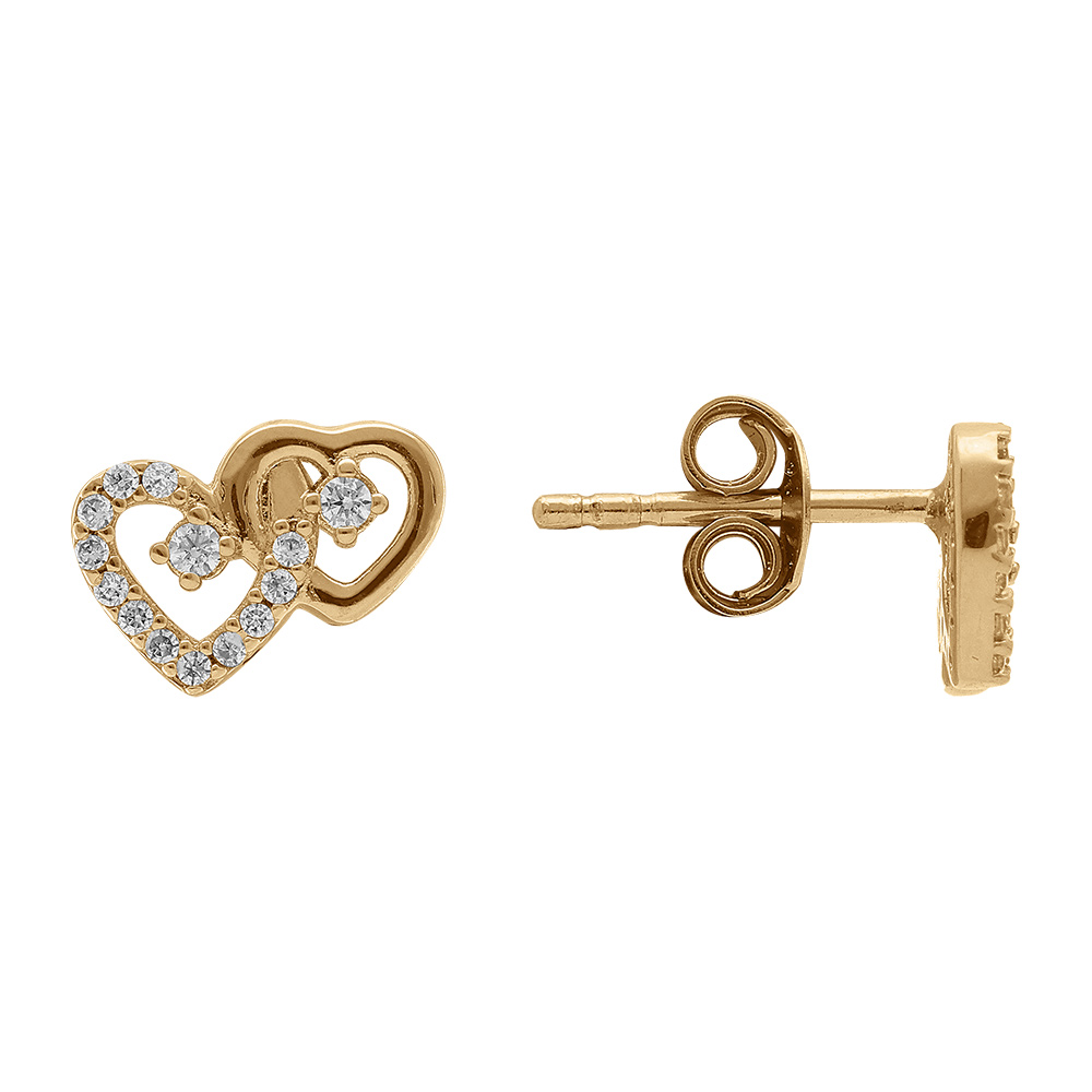 Boucles d\'oreille tige en plaqu� or coeurs entrelac�s et oxydes blancs - Vue 2