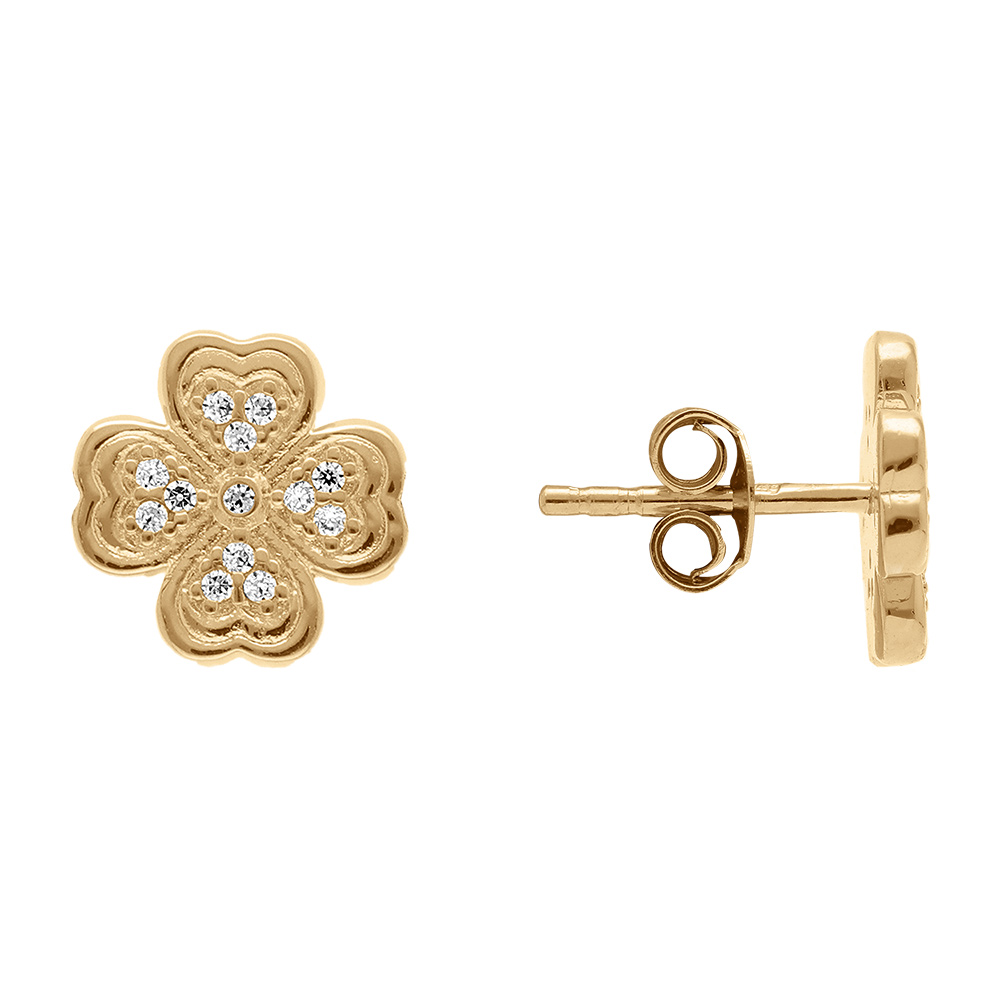 Boucles d\'oreille tige en plaqu� or tr�fle avec oxydes blancs - Vue 2