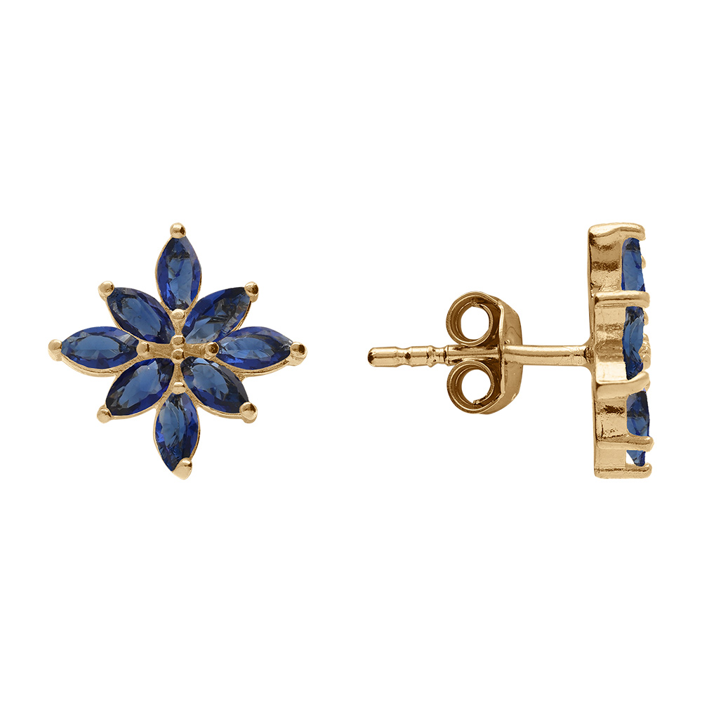 Boucles d\'oreille tige en plaqu� or motif fleur recouverte d\'oxydes bleus - Vue 2