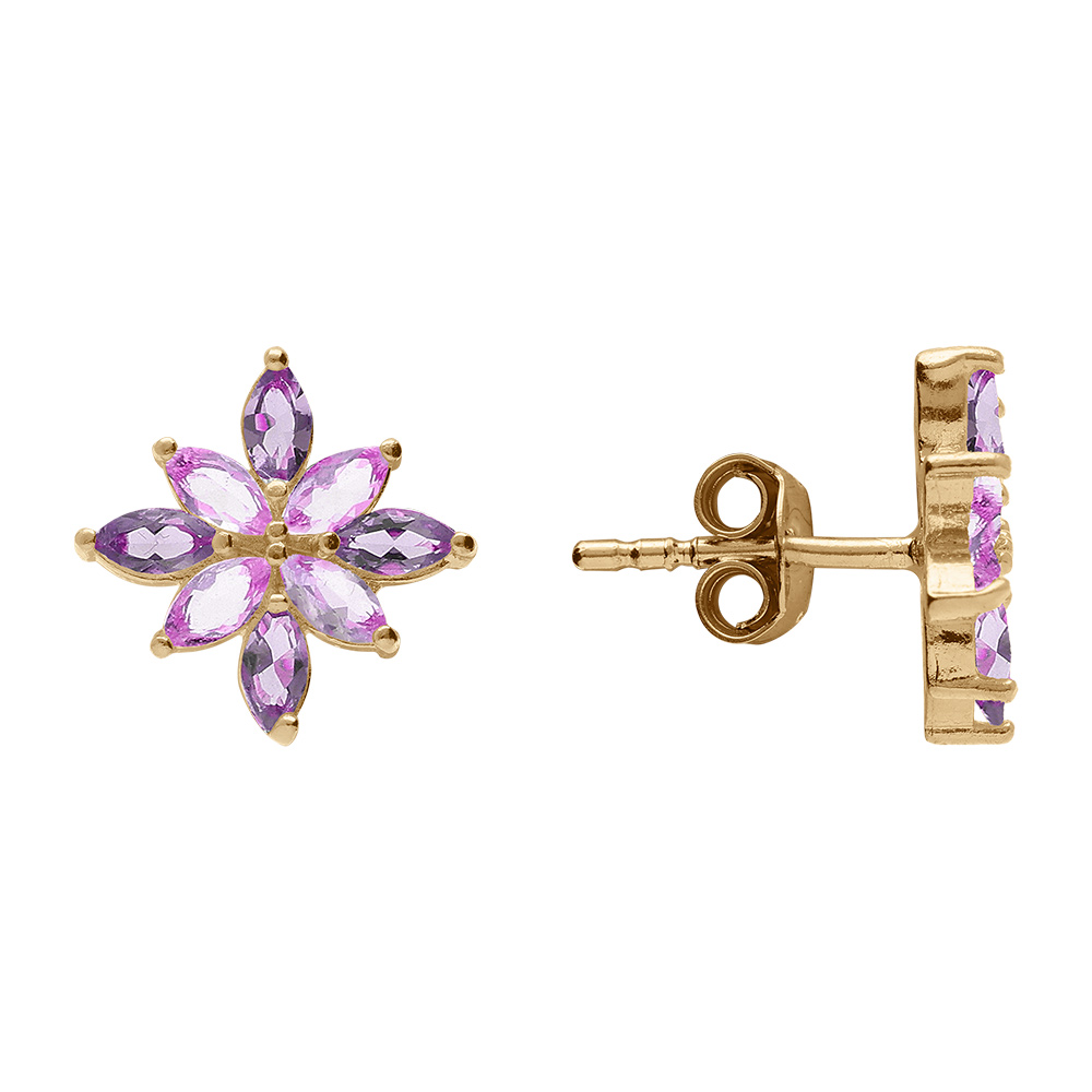 Boucles d\'oreille tige en plaqu� or motif fleur recouverte d\'oxydes violet et rose - Vue 2
