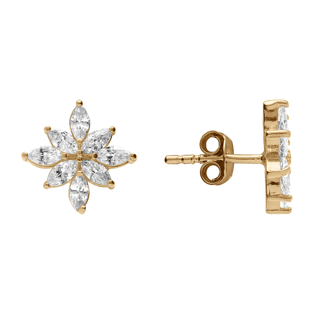 Boucles d\'oreille tige en plaqu� or motif fleur recouverte d\'oxydes blancs - Vue 2