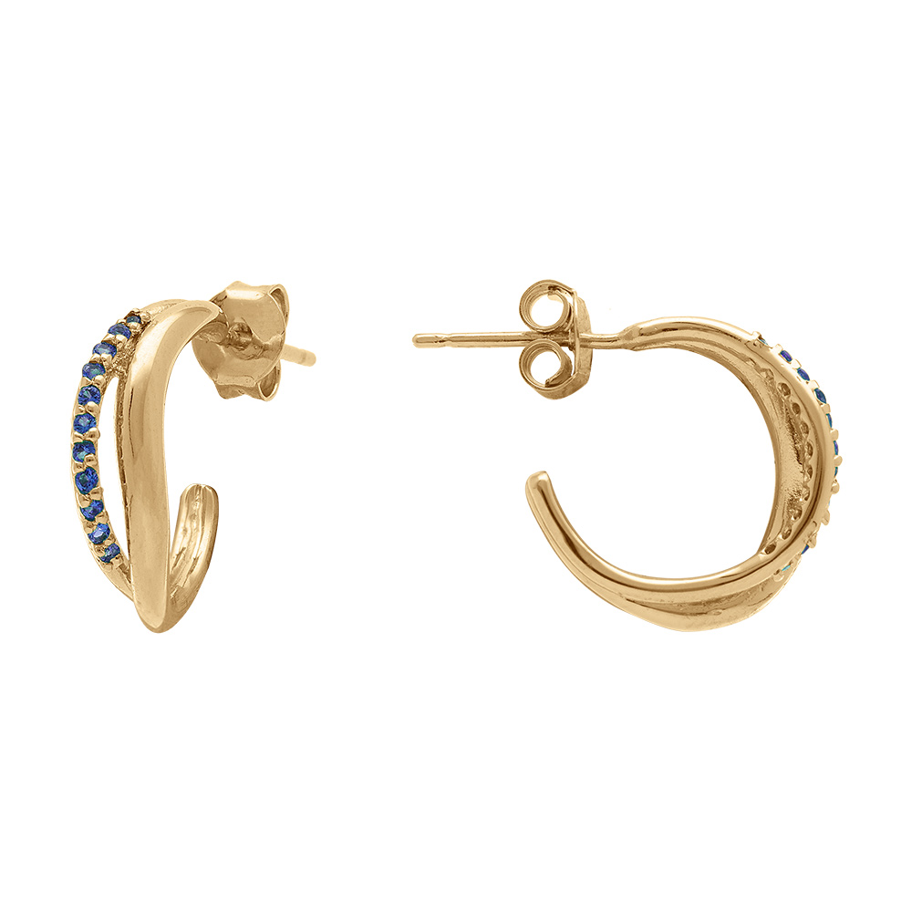 Boucles d\'oreille tige en plaqu� or vague avec oxydes bleus - Vue 2