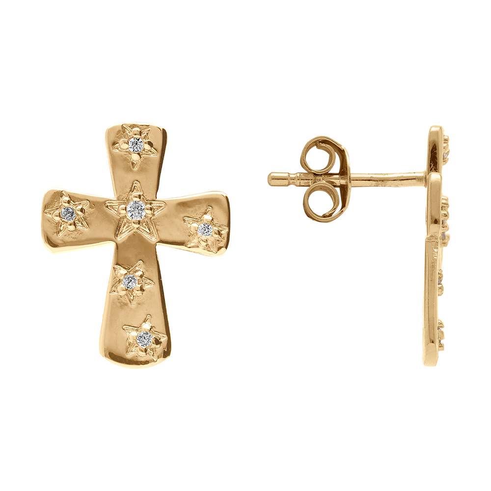 Boucles d\'oreille tige en plaqu� or croix avec oxydes blancs - Vue 2