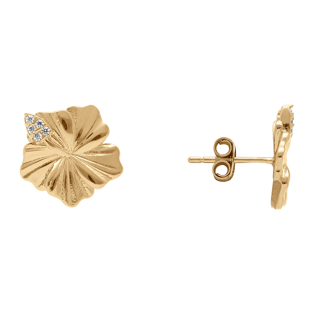 Boucles d\'oreille tige en plaqu� or fleur hibiscus et oxydes blancs - Vue 2