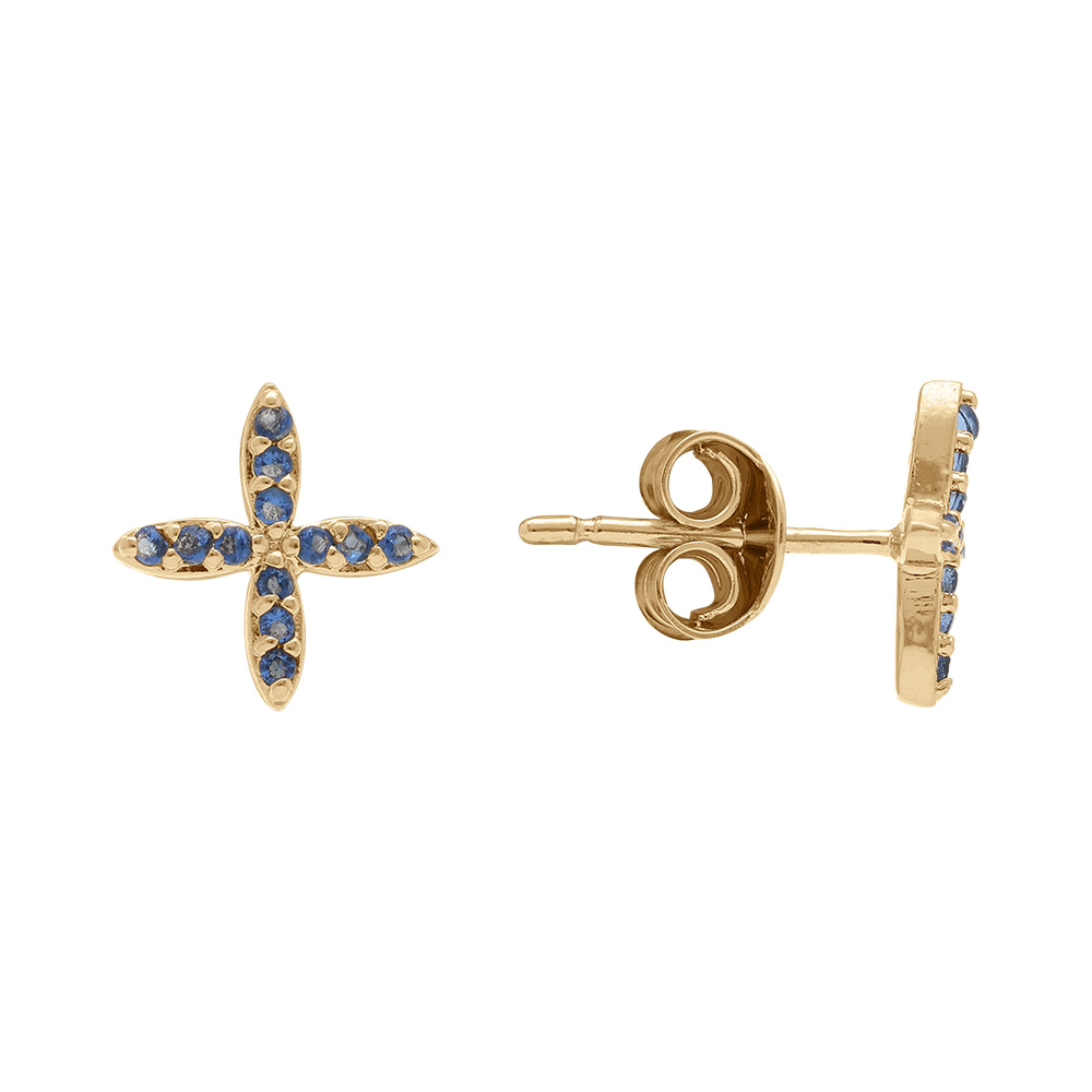 Boucles d\'oreille tige en plaqu� or croix orn�e d\'oxydes bleus - Vue 2