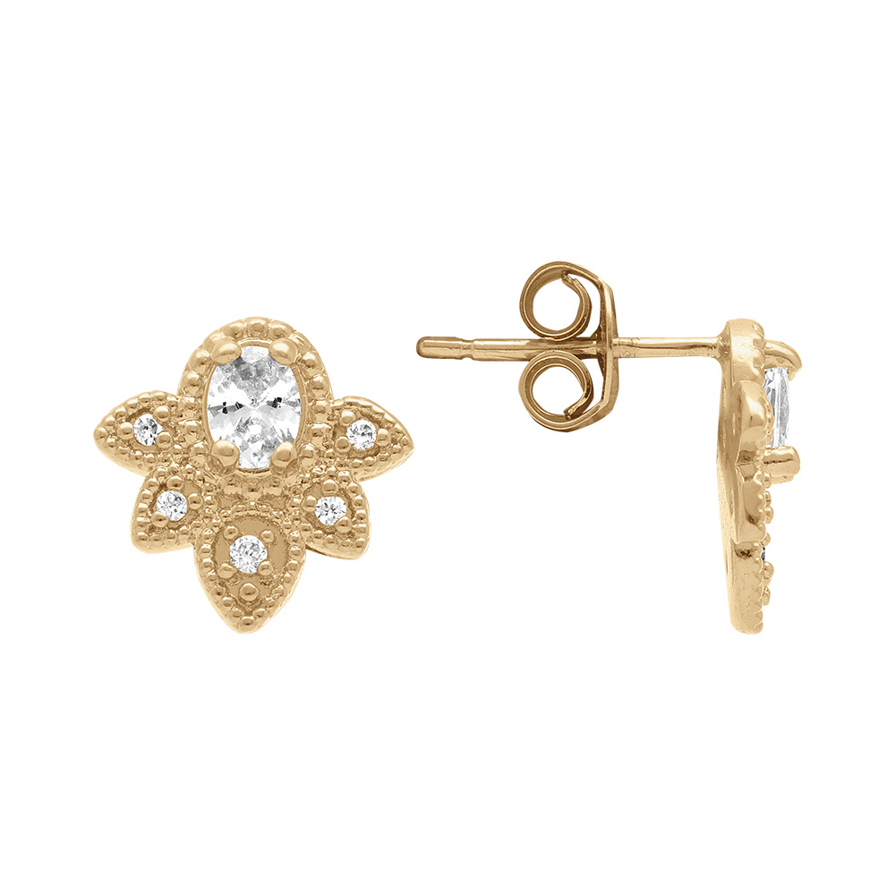 Boucles d\'oreille tige en plaqu� or motif floral avec oxydes blancs - Vue 2