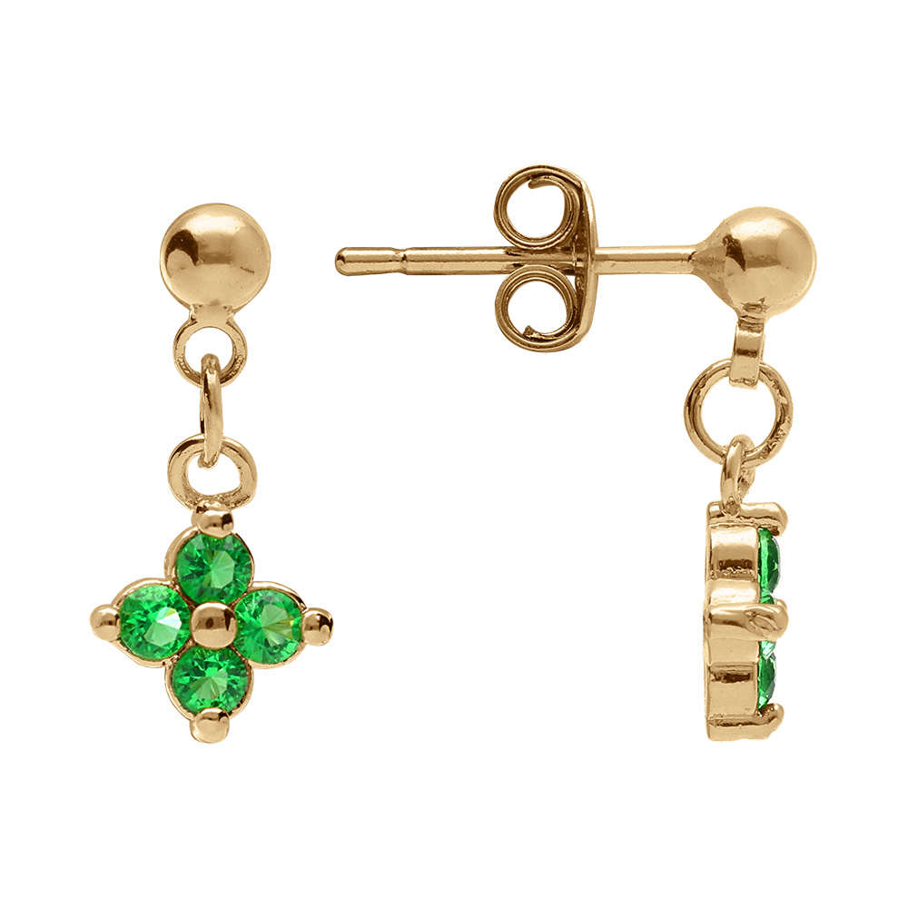 Boucles d\'oreille  pendantes tige en plaqu� or fleur d\'oxydes verts - Vue 2