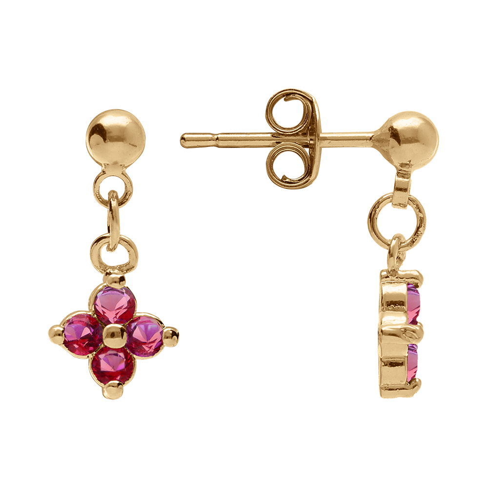 Boucles d\'oreille  pendantes tige en plaqu� or fleur d\'oxydes rouges - Vue 2