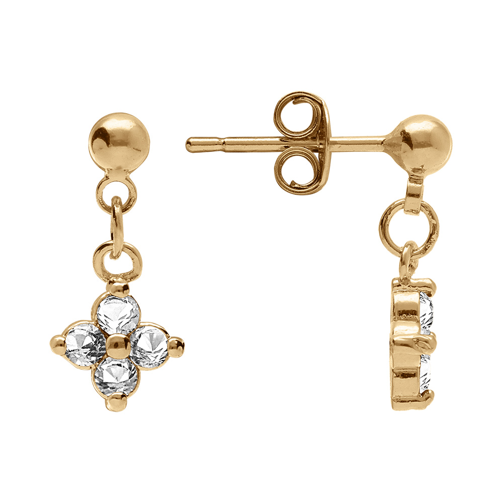 Boucles d\'oreille pendantes tige en plaqu� or avec fleur d\'oxydes blancs - Vue 2