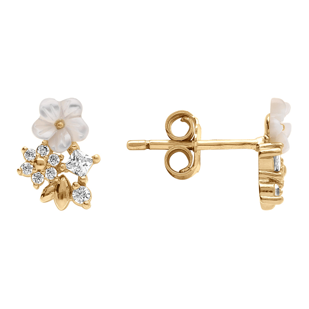 Boucles d\'oreille tige en  plaqu� or fleurs d\'oxydes blancs et sa fleur de nacre blanche - Vue 2