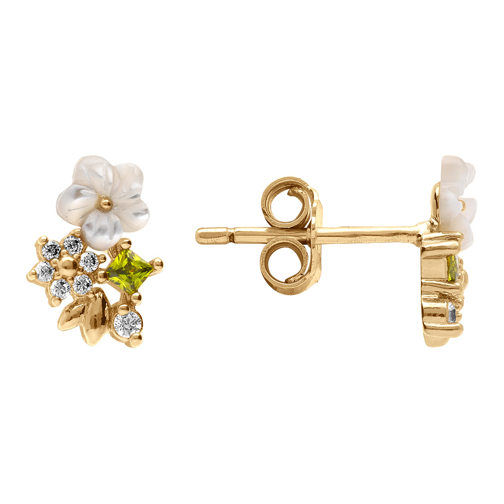 Boucles d\'oreille tige en plaqu� or fleurs d\'oxydes blancs et vert olive et sa fleur de nacre blanche - Vue 2
