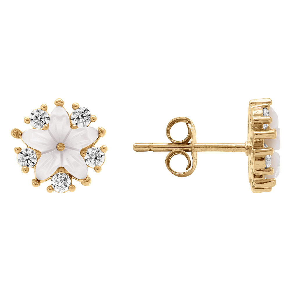 Boucles d\'oreille tige en plaqu� or puces dor�es fleur nacre v�ritable et oxydes blancs - Vue 2