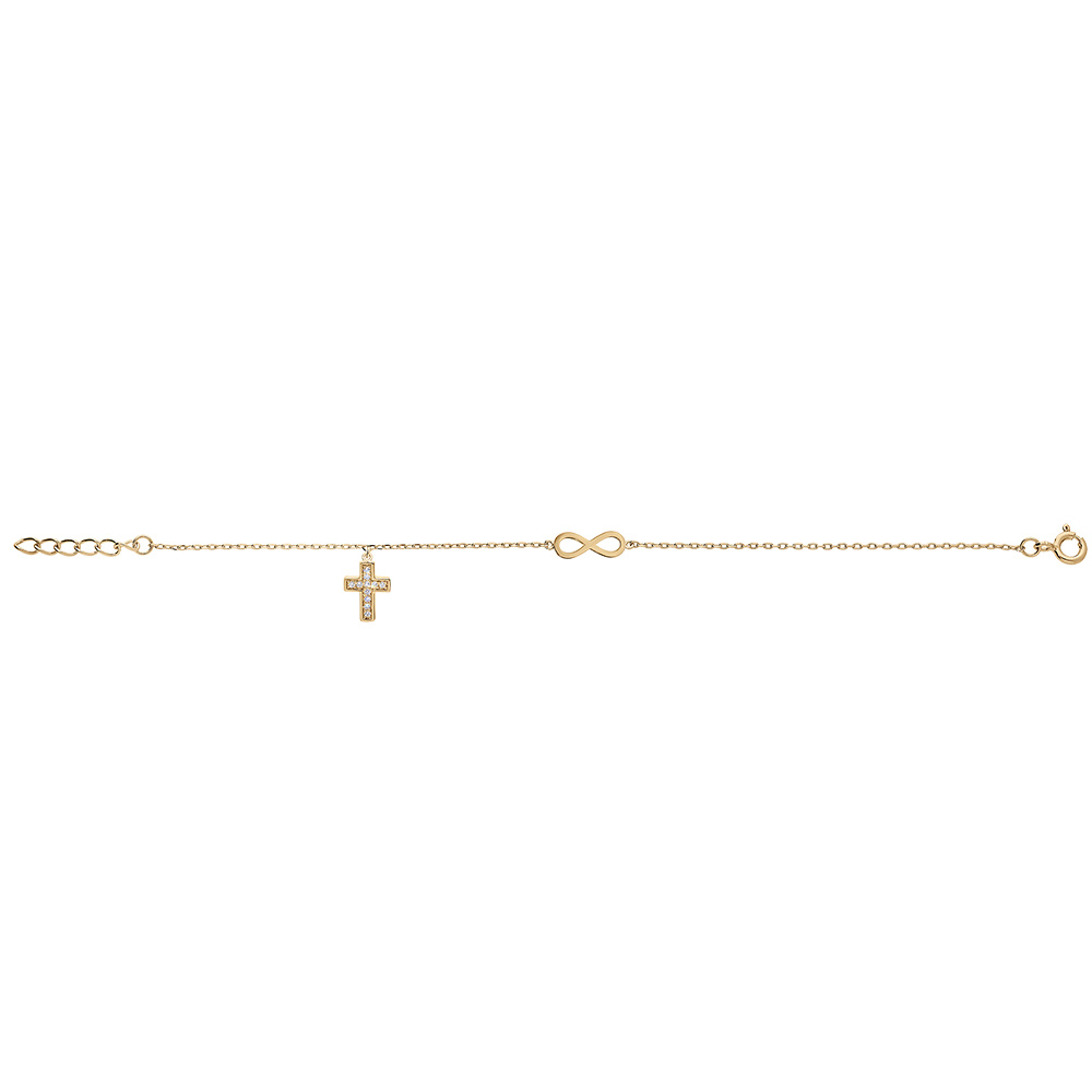 Bracelet en plaqu� or cha�ne avec infini et pampilles croix oxydes blancs sertis 16+3cm - Vue 2